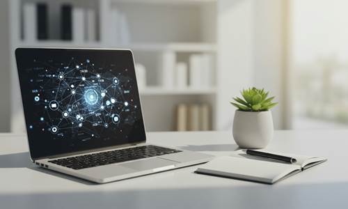 Minimalist desk with laptop displaying strategic network, symbolizing finding your best business