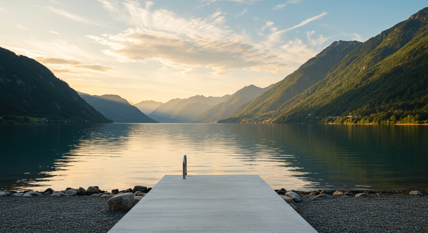 Serene lake and mountains at golden hour, inspiring vacation ideas.