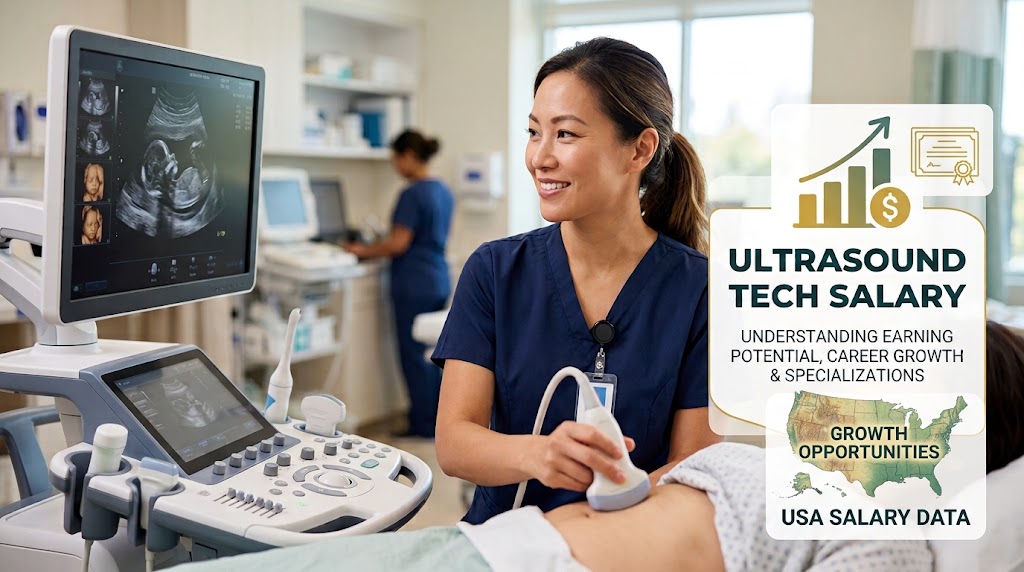 Ultrasound technician operating a diagnostic sonography machine beside salary statistics and career growth infographics.
