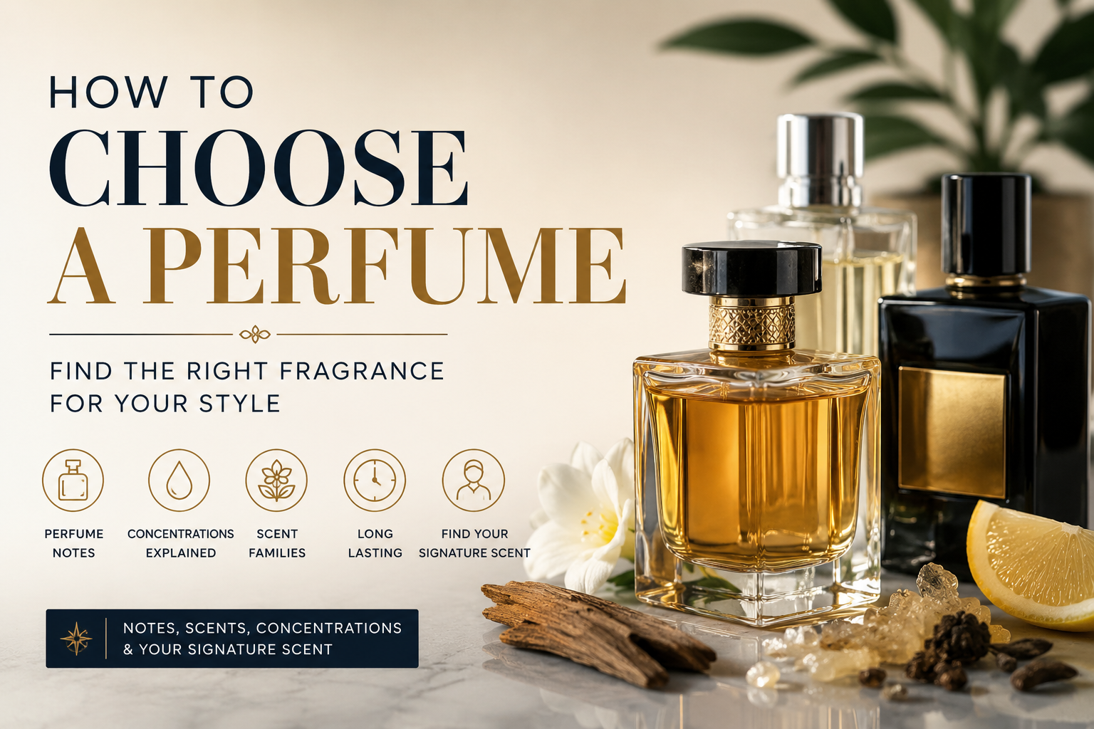 How to choose a perfume with fragrance bottles, perfume notes, scent families, and signature scent guidance