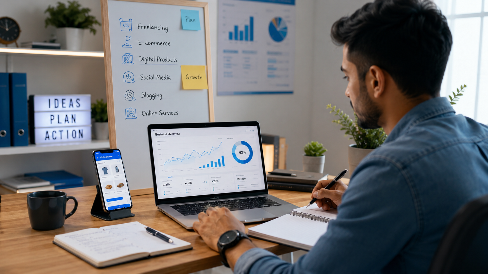 Entrepreneur exploring online business ideas from a home office.