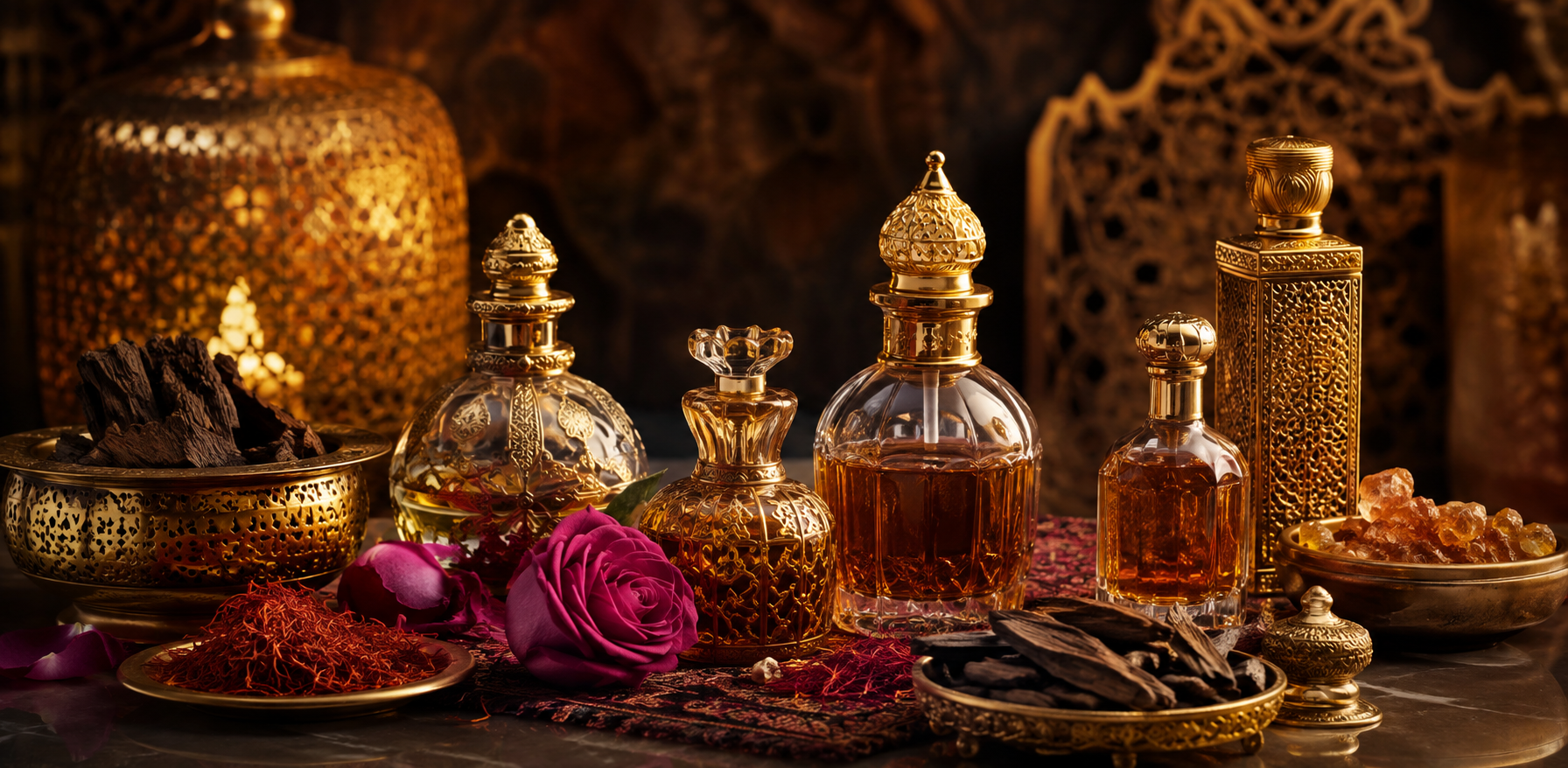 Three elegant bottles of best non alcoholic Arabic perfumes with oud, rose petals, and saffron.