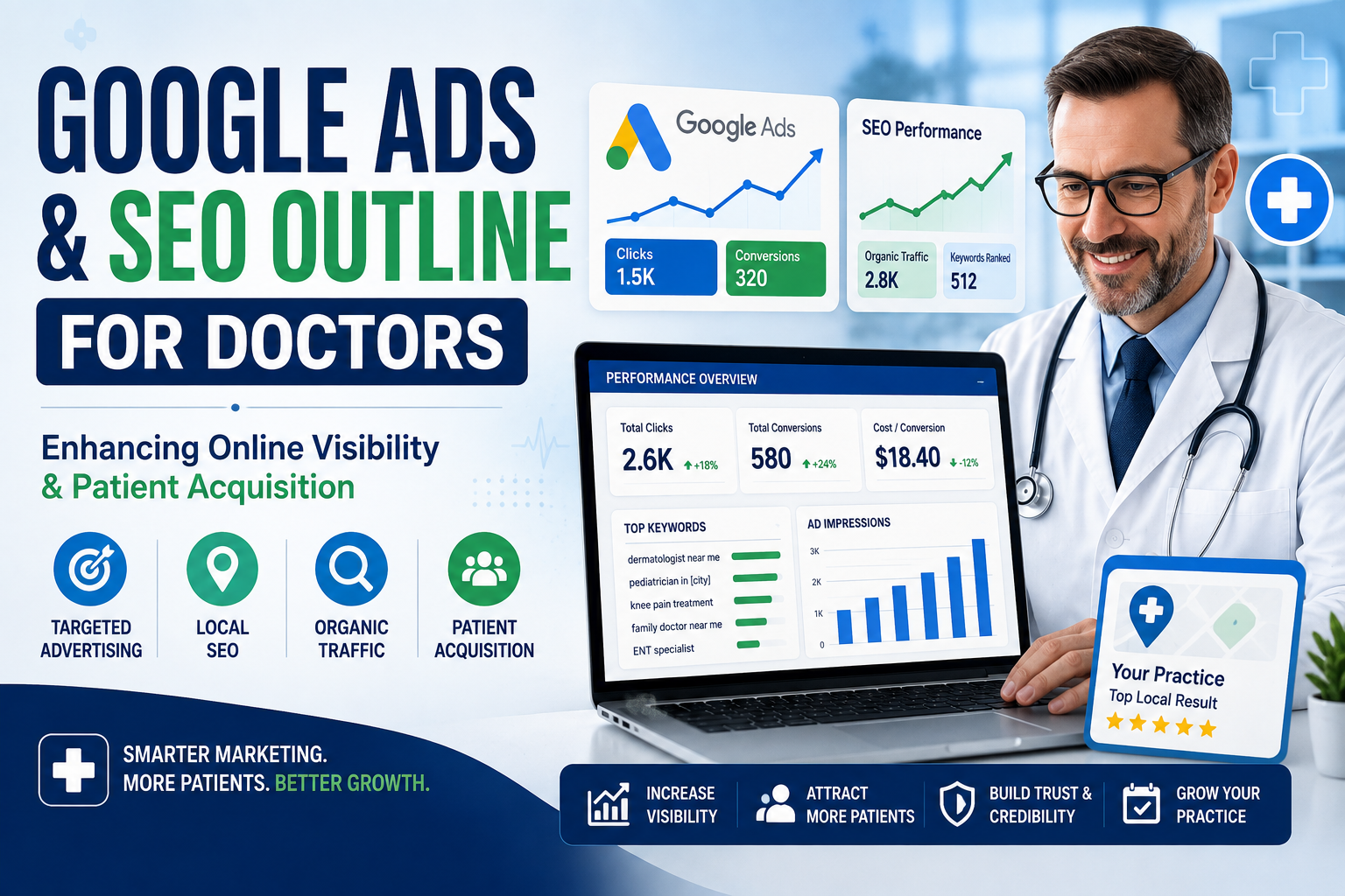 Illustration of a Google Ads and SEO strategy for doctors featuring PPC advertising, local SEO, keyword research, patient acquisition, and healthcare digital marketing analytics.
