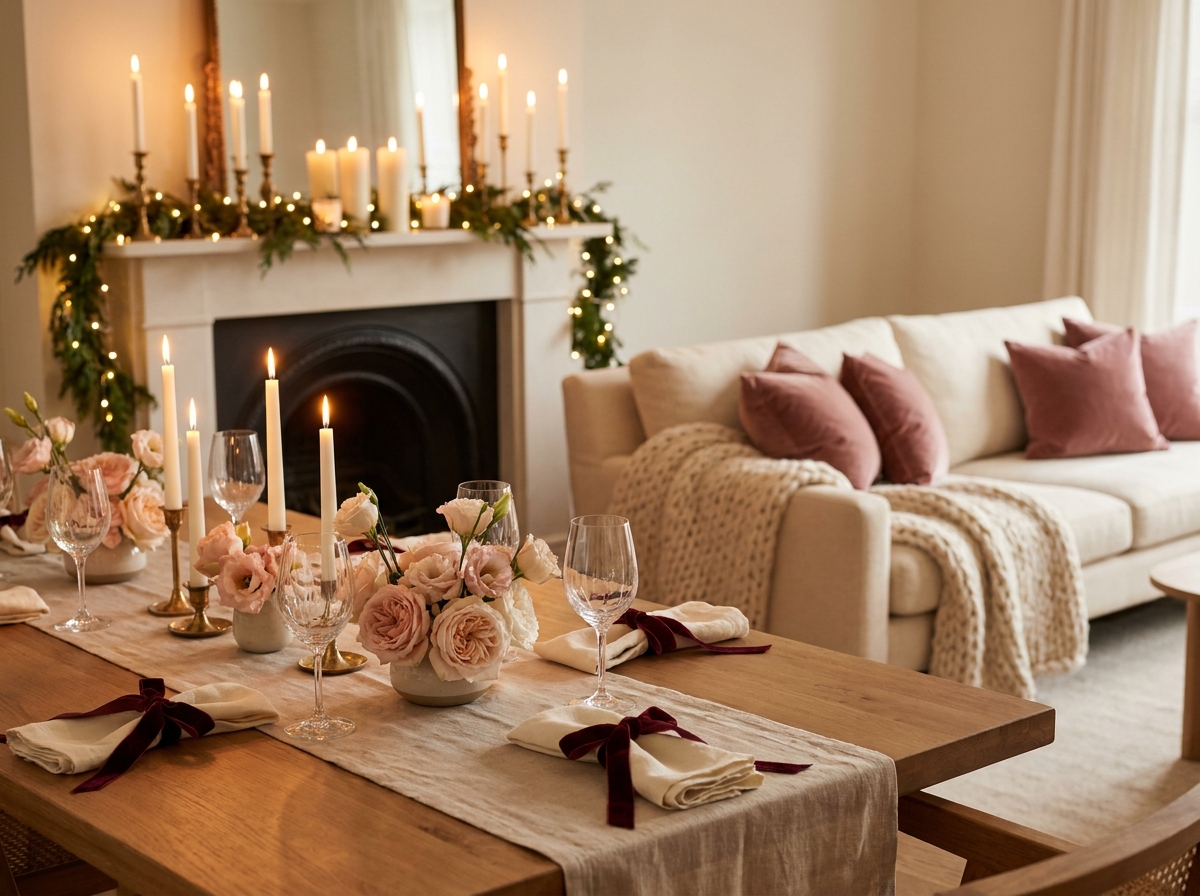 Inspiration for decorating your home for Valentine's day featuring a romantic dining table with candles, flowers, and cozy living room decor.