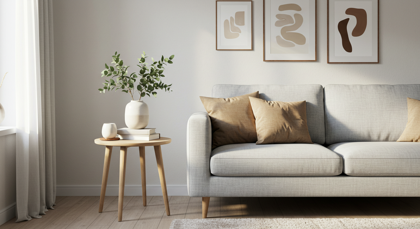 Cozy living room corner with stylish economy home decor, featuring a gray sofa and natural accents.