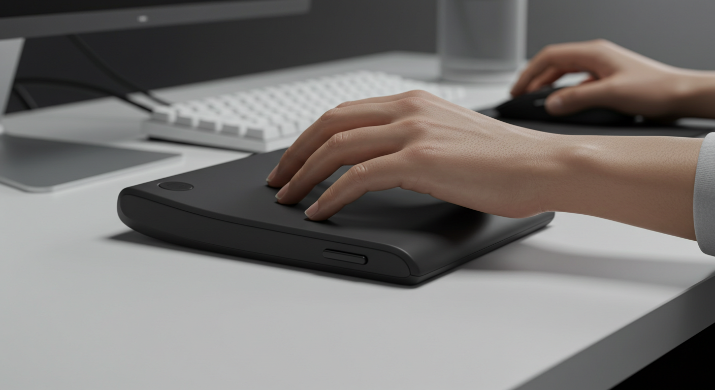 Close-up of a hand resting comfortably on a sleek badseed tech carpio ergonomic floating wrist rest on a modern desk.
