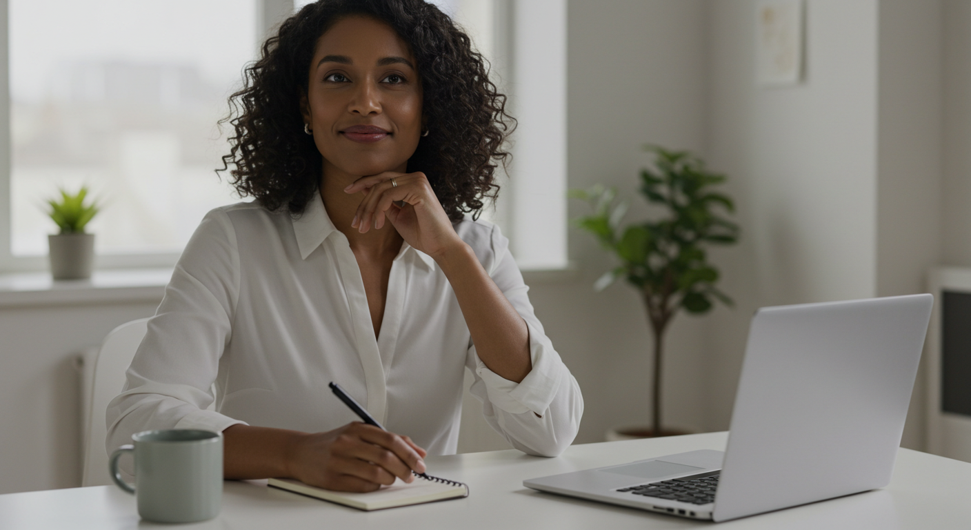 Diverse woman thoughtfully considering business ideas for women at a modern desk.