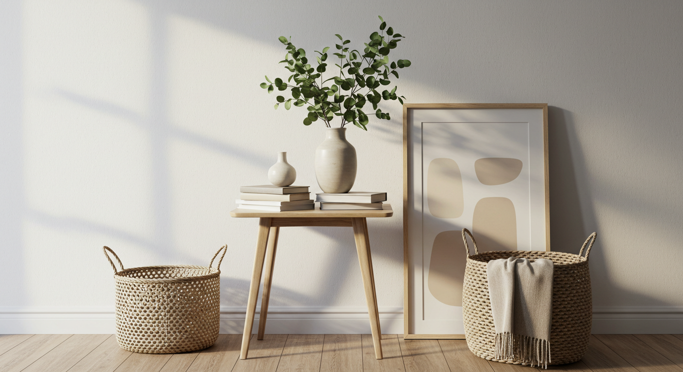 Stylish economy home decor vignette with wooden table, vase, books, and throw blanket