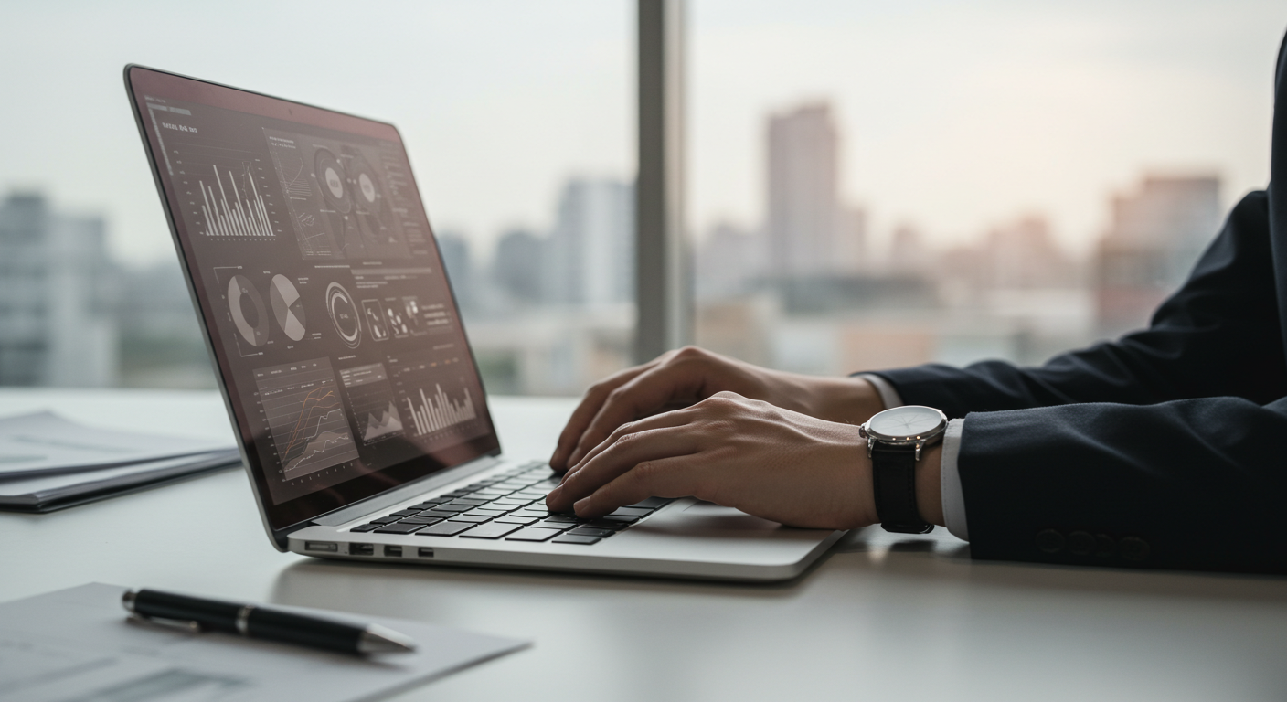 Hands on a laptop keyboard in a modern office, symbolizing strategic work by a business lawyer.