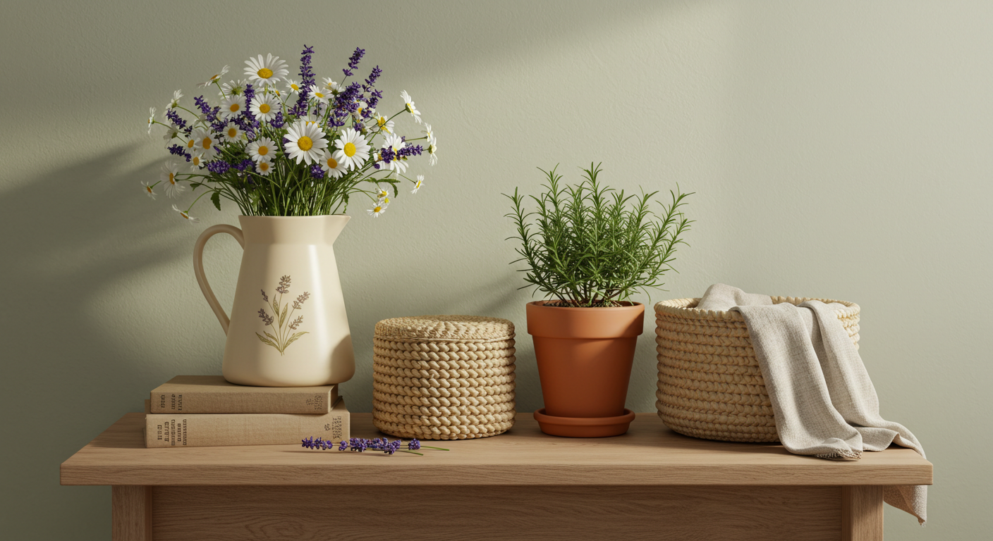 Cozy aldi cottagecore home decor vignette with rustic-chic items