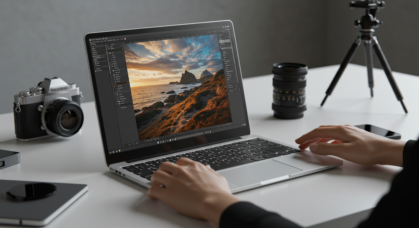 Laptop displaying a vibrant photo, illustrating the use of photo editing software.