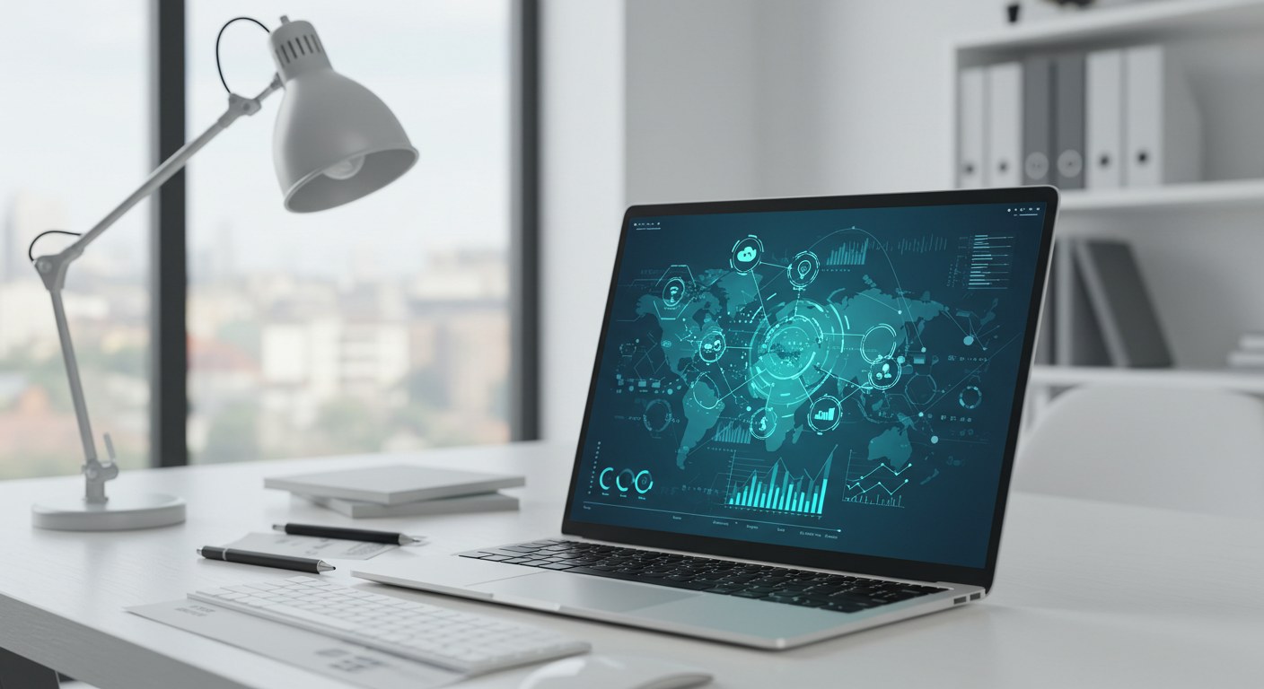 Modern workspace with laptop displaying business process optimization visualization