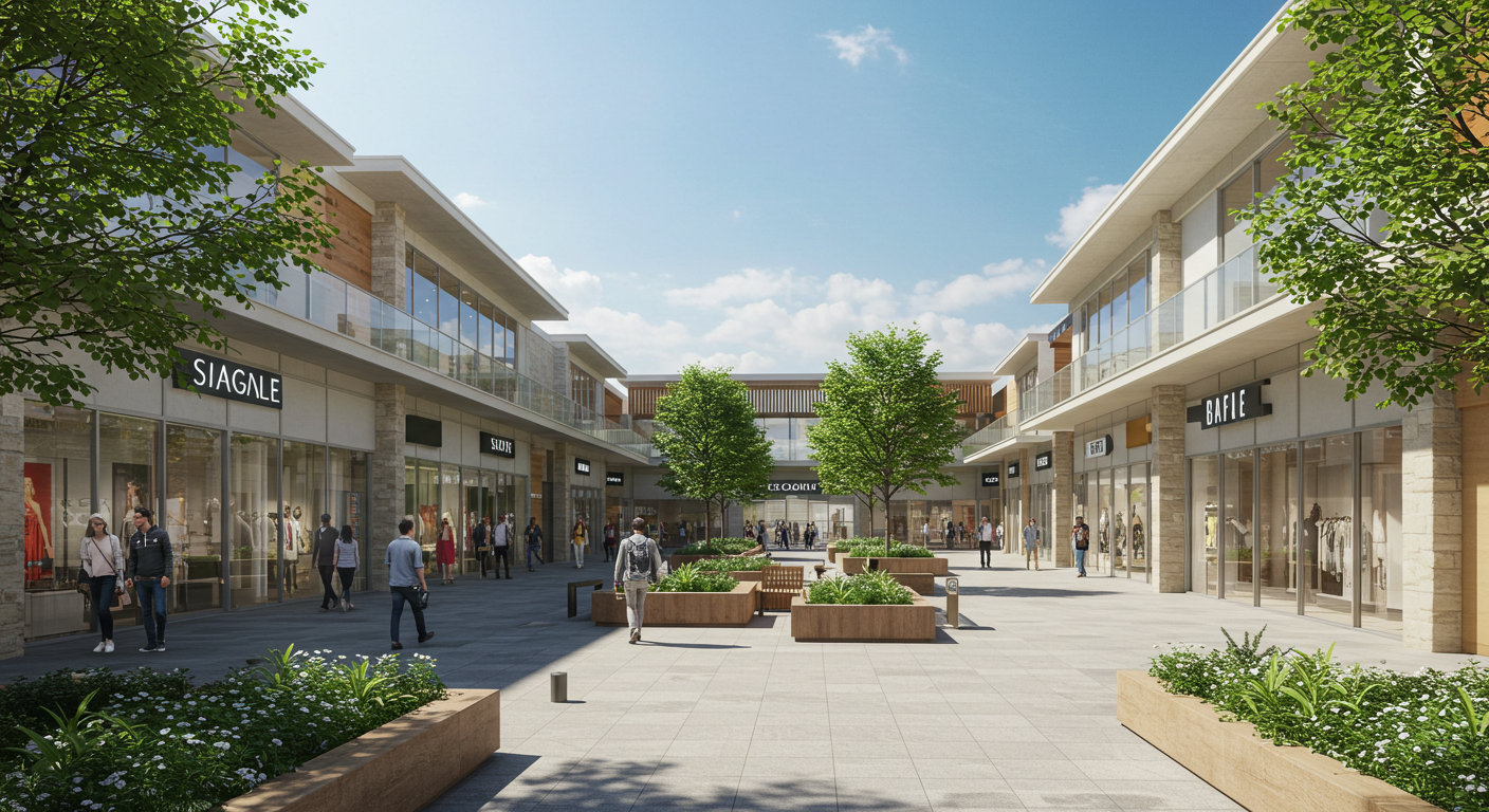 Modern outdoor shopping center with sleek architecture and strolling pedestrians.