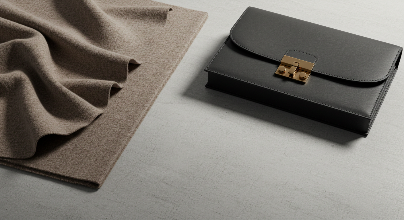 Luxury fashion flat lay: taupe cashmere fabric and charcoal leather handbag on concrete.