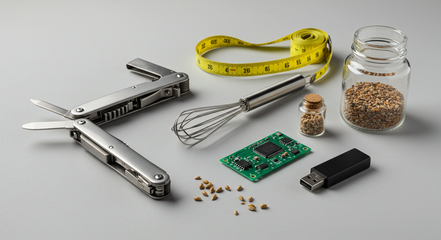 Versatile items like a multi-tool, whisk, and circuit board, illustrating when can you use a different tool.