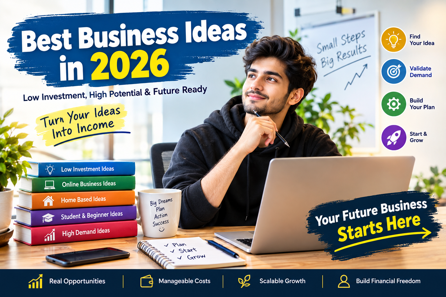 Best business ideas in 2026 infographic showing low-investment, online, home-based, student, and high-demand business opportunities with tips for validating and choosing a business idea.