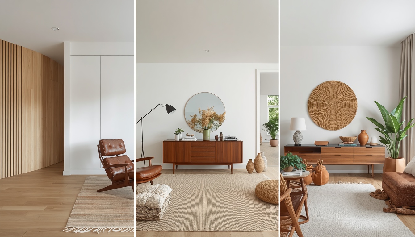 Modern sunlit living room blending Scandinavian, mid-century modern, and boho chic home decor styles.