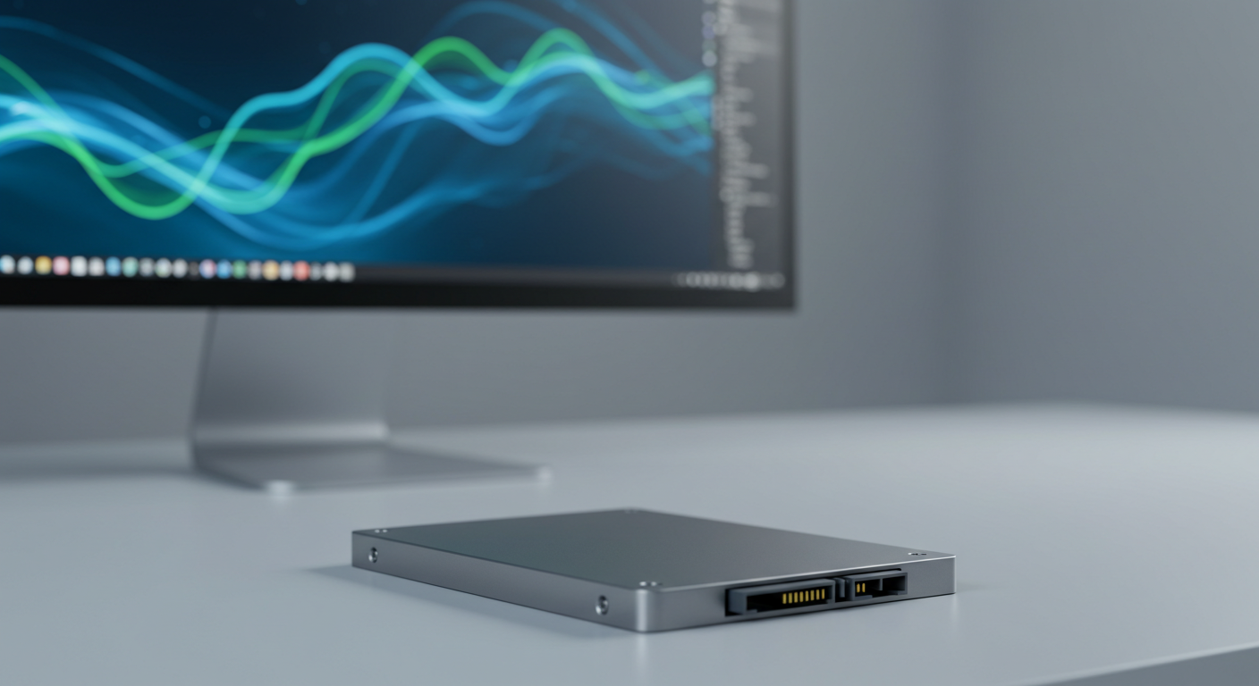 Sleek solid-state drive (SSD) on a minimalist desk with digital patterns, illustrating how to check SSD health.