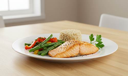 Healthy dinner ideas: Pan-seared salmon with roasted vegetables and brown rice on a wooden table