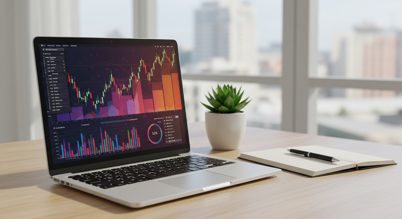 Modern desk with laptop displaying abstract business finance data visualizations and a succulent plant