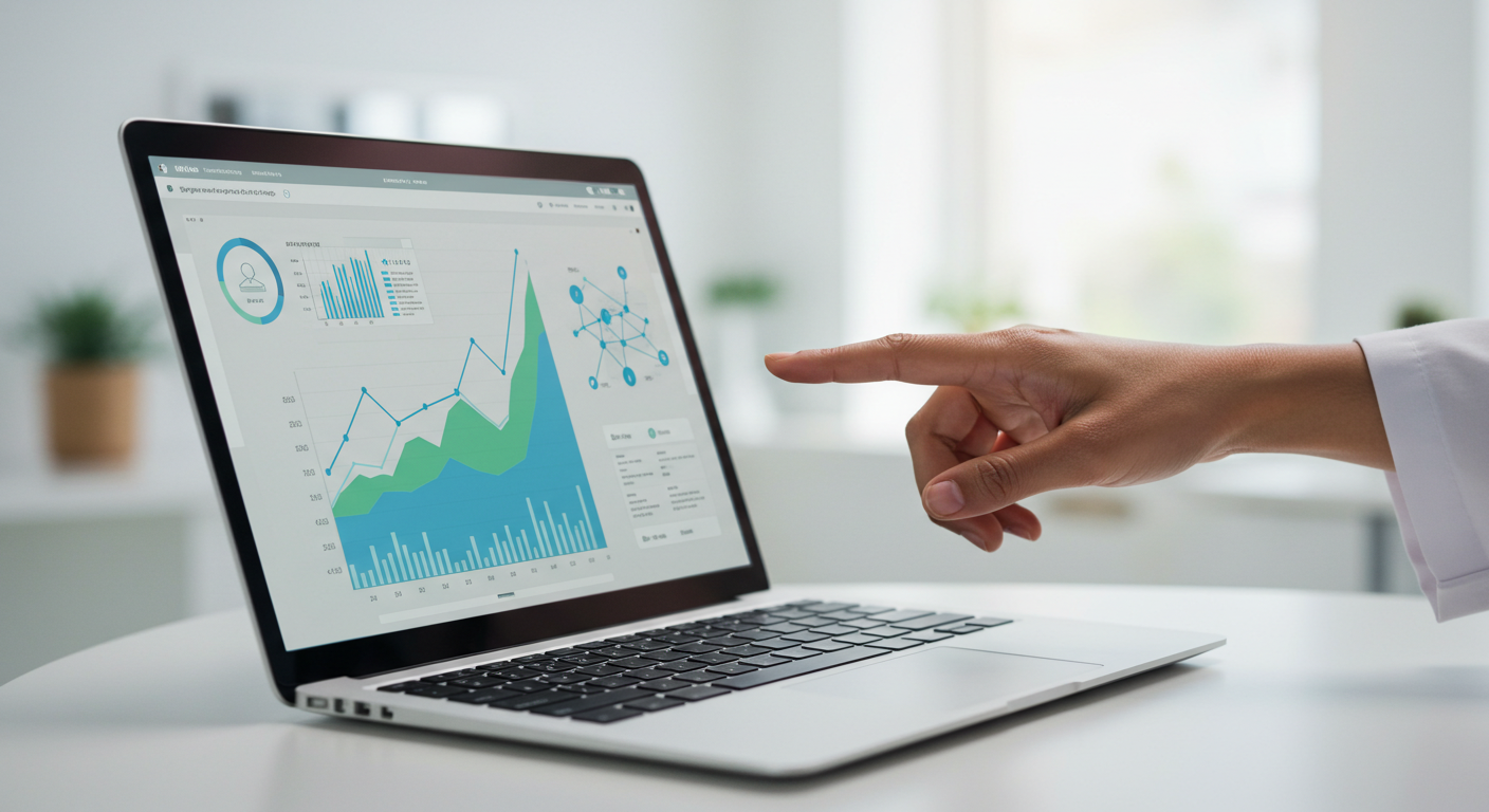 Professional hand interacting with a laptop displaying digital marketing data in a healthcare clinic setting.