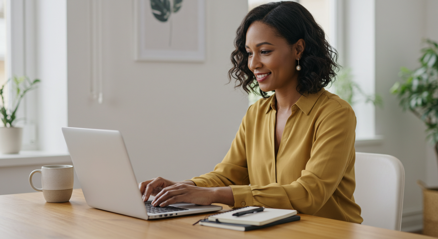 Confident woman working on laptop, embodying an online business idea for woman