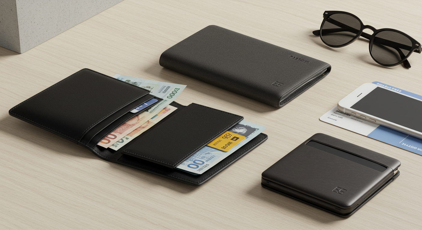 Flat lay of best travel wallets, including leather and synthetic options, with a passport, currency, and cards.