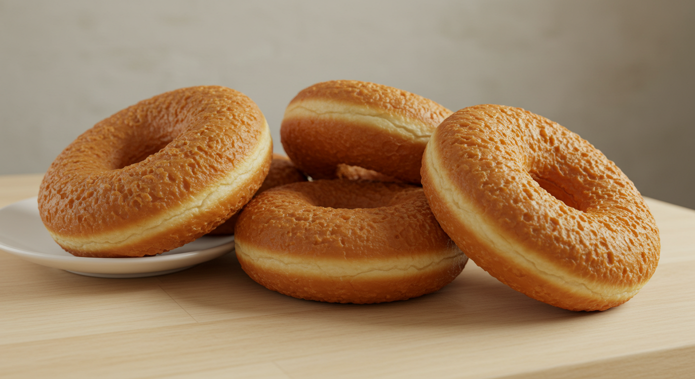 A cluster of golden-brown old fashioned donuts on a rustic wooden board.