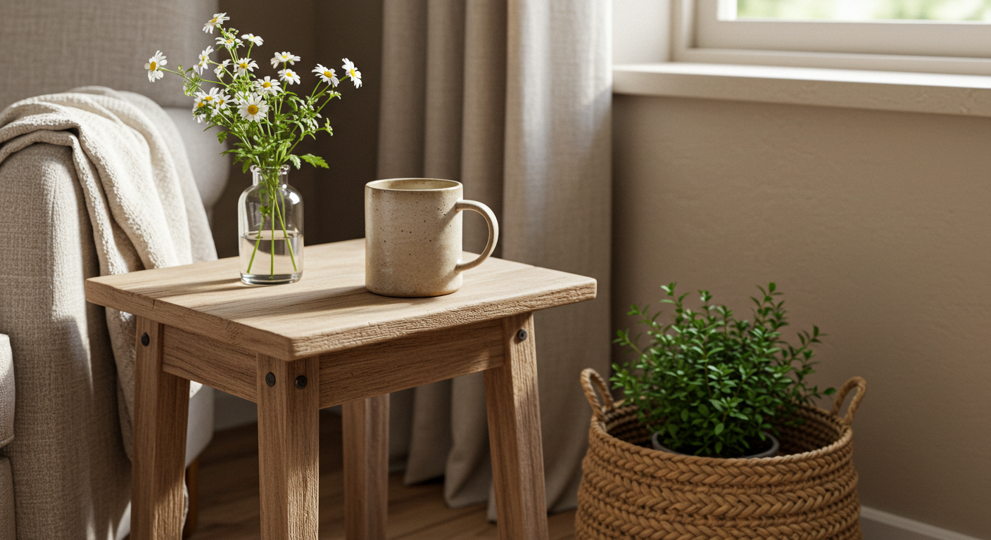 Aldi cottagecore home decor featuring a rustic side table, wildflowers, and a woven basket.
