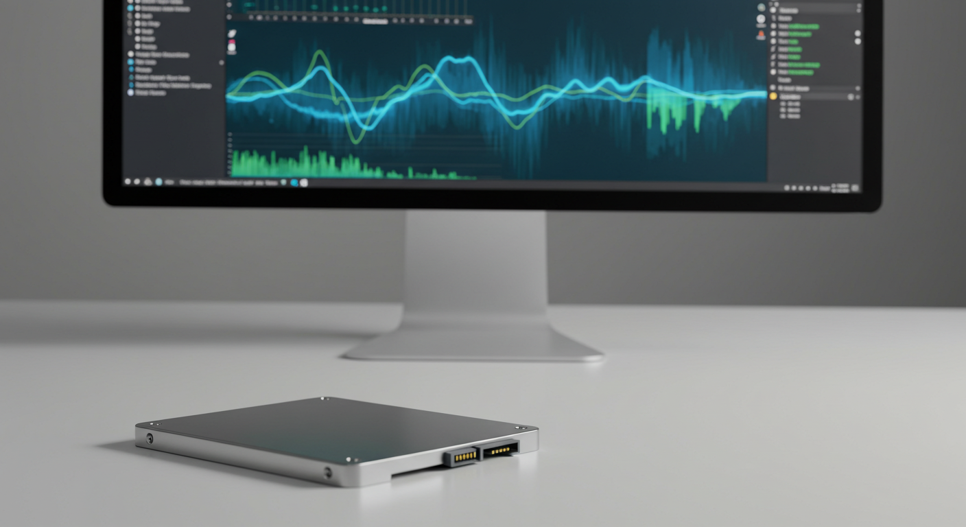 Sleek SSD on a desk with a monitor displaying diagnostic graphics, illustrating how to check SSD health.