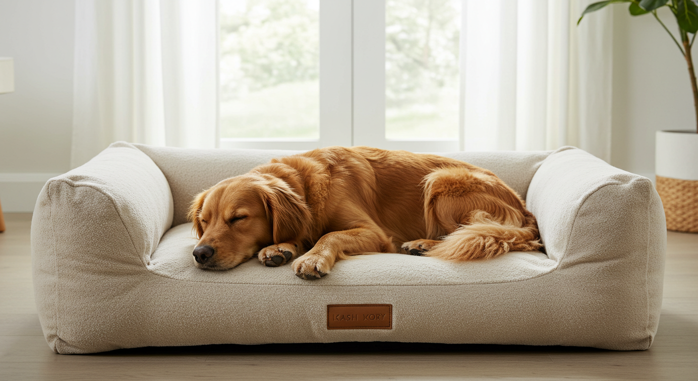 A contented Golden Retriever sleeping soundly on the luxurious otis & claude hi-tech cashmere pet bed.