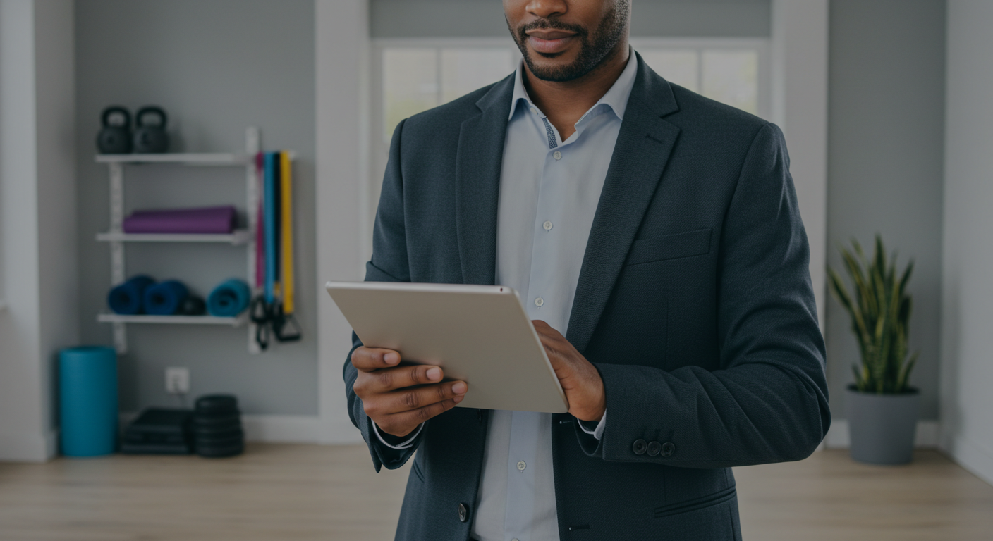 Entrepreneur reviewing cheap fitness franchises on a tablet in a modern studio