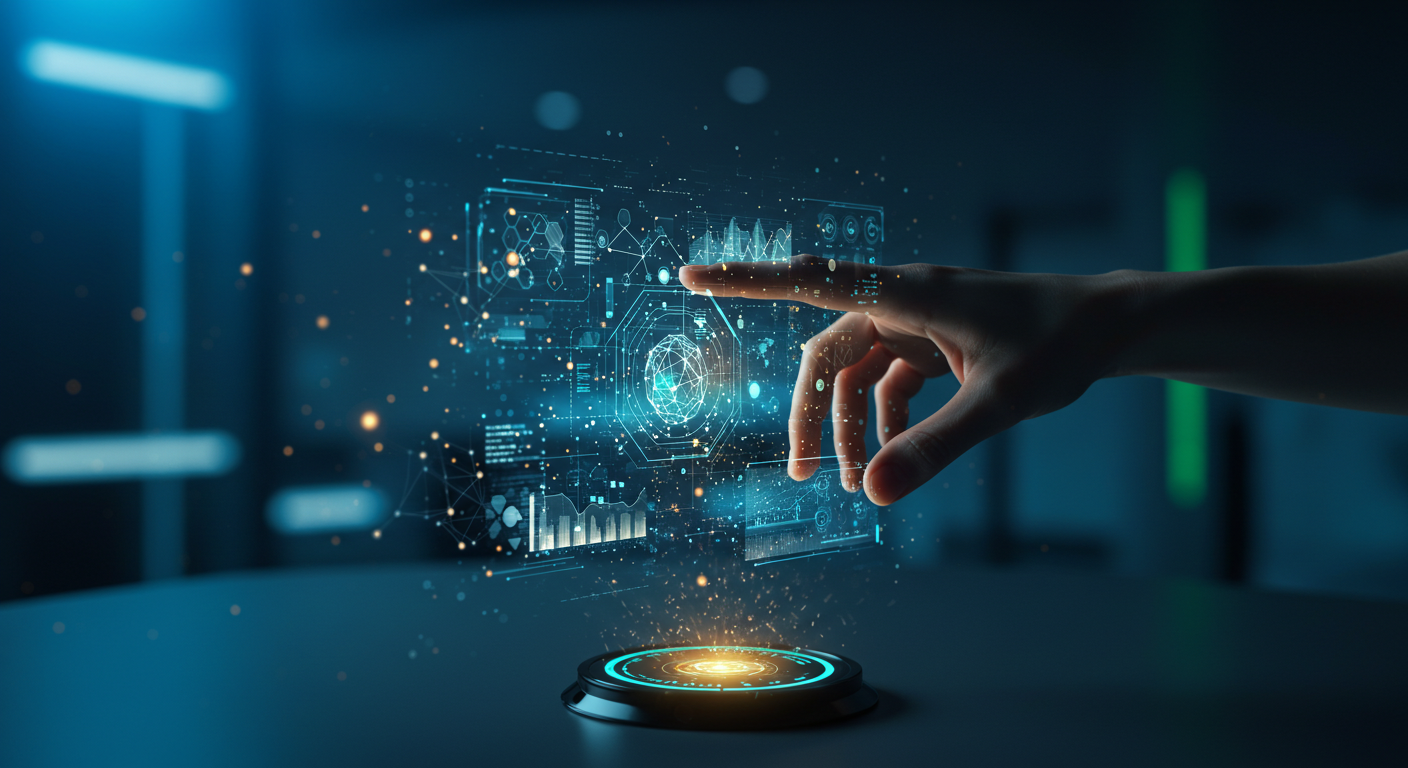 Human hand interacting with a glowing holographic projection, symbolizing what being technology means