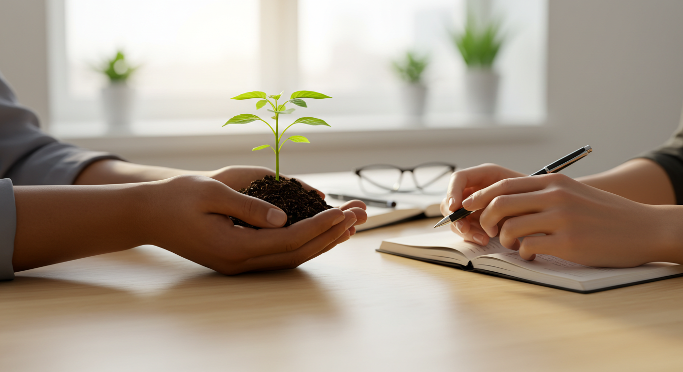 What can you do: Diverse hands nurturing a green plant sprout on a desk with a journal, symbolizing growth and planning.