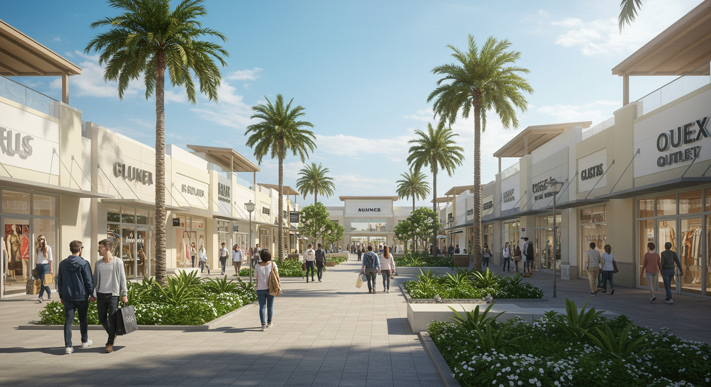 Modern outdoor Destin outlet mall with shoppers and palm trees
