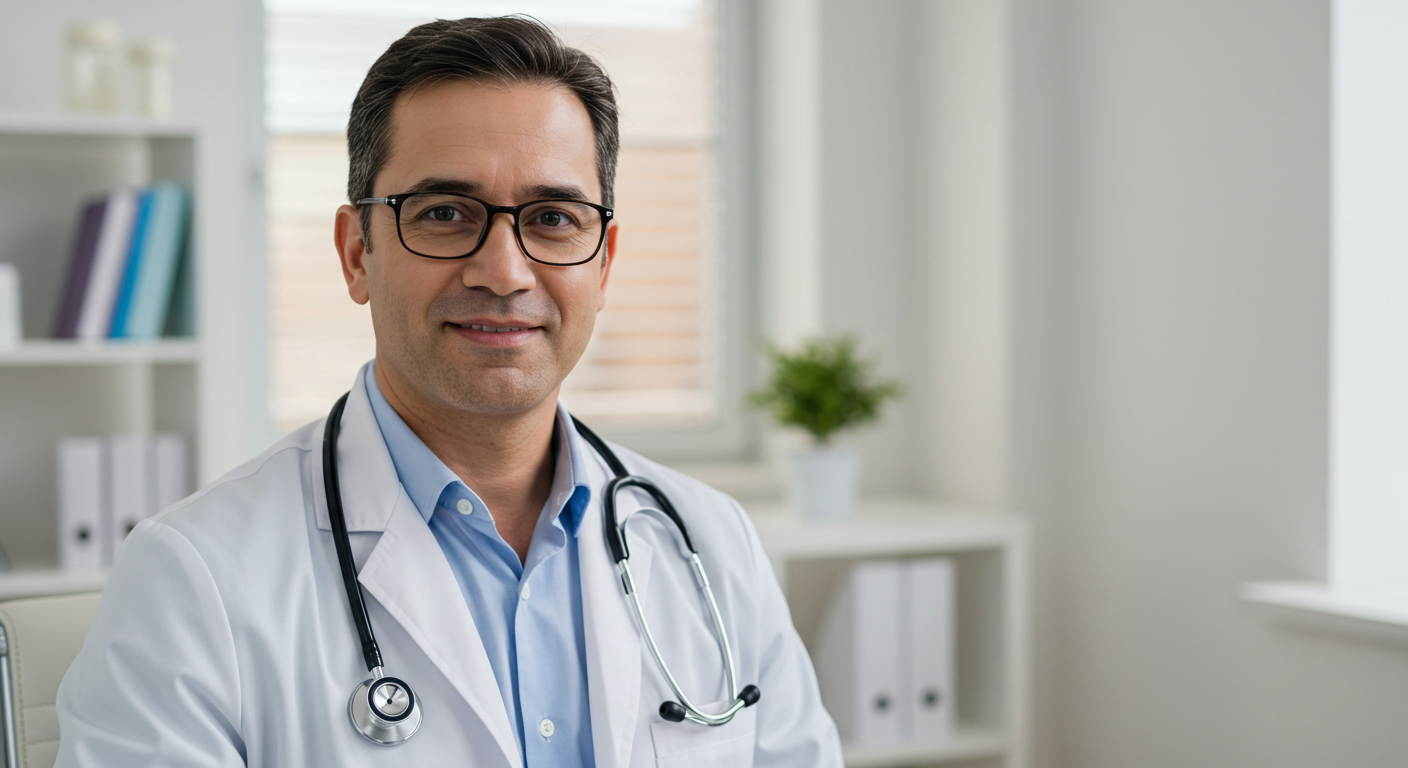 A compassionate family medicine doctor with a warm smile, wearing a lab coat and stethoscope, looking towards the viewer.