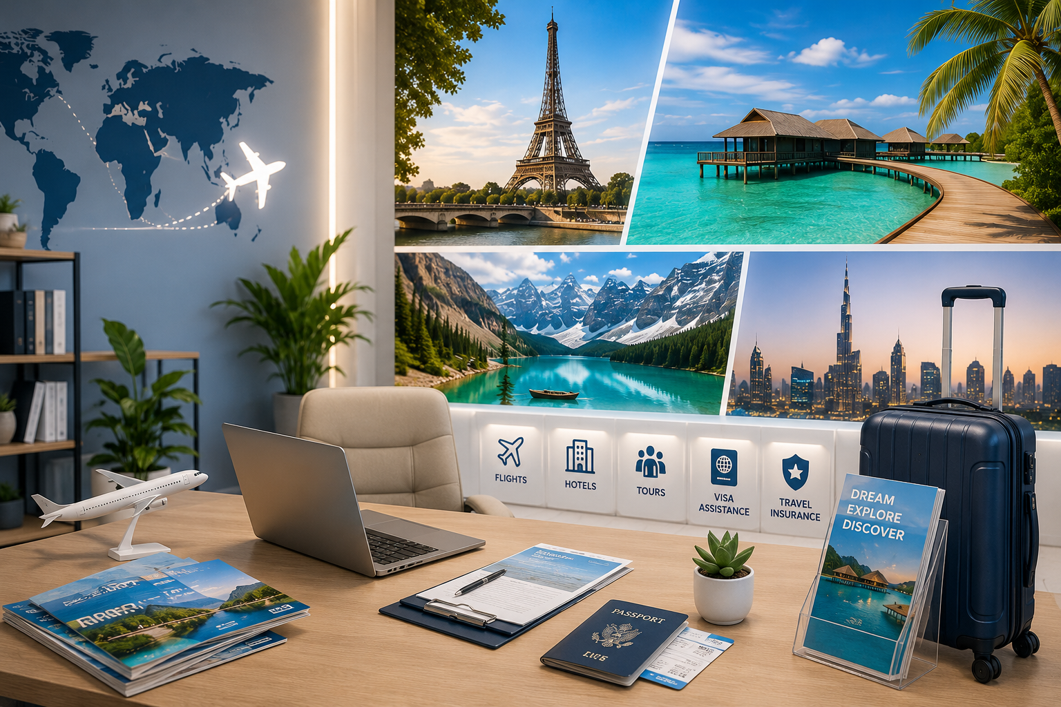 Travel agency office with globe, suitcase, and international destinations